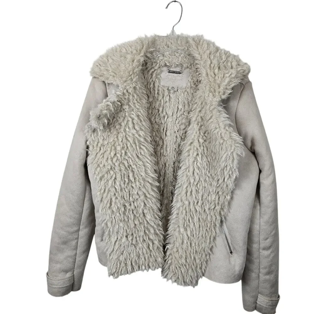 Y2K Women’s XL Faux Shearling Moto Jacket Cream Beige Cozy Winter Biker Coat
